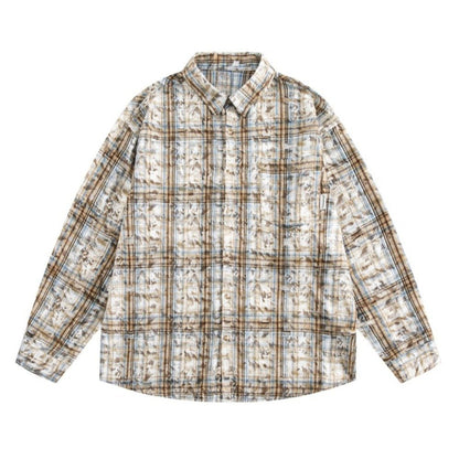 Mottled Distressed Plaid Shirt - Thrashink