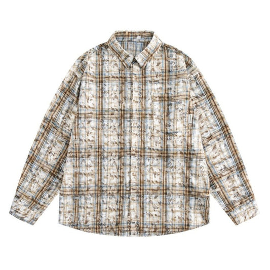 Mottled Distressed Plaid Shirt - Thrashink