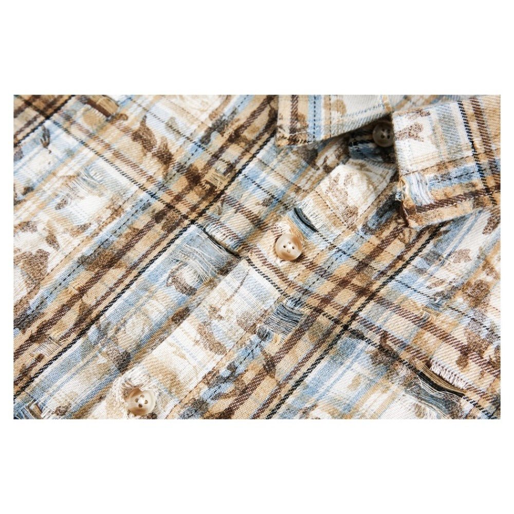 Mottled Distressed Plaid Shirt - Thrashink