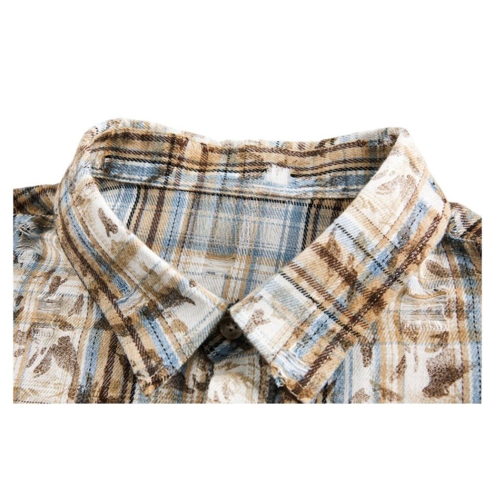 Mottled Distressed Plaid Shirt - Thrashink