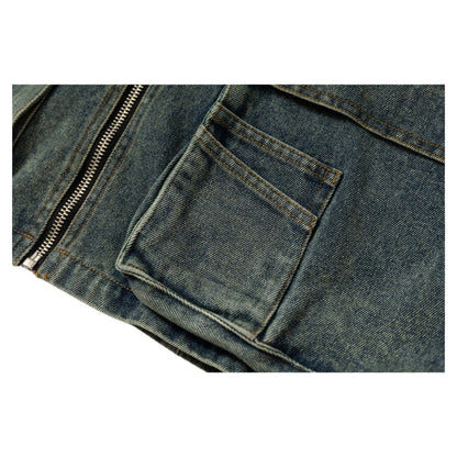 Multi - Pocket Denim Hooded Vest - Thrashink