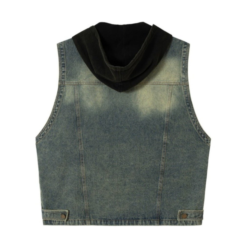 Multi - Pocket Denim Hooded Vest - Thrashink