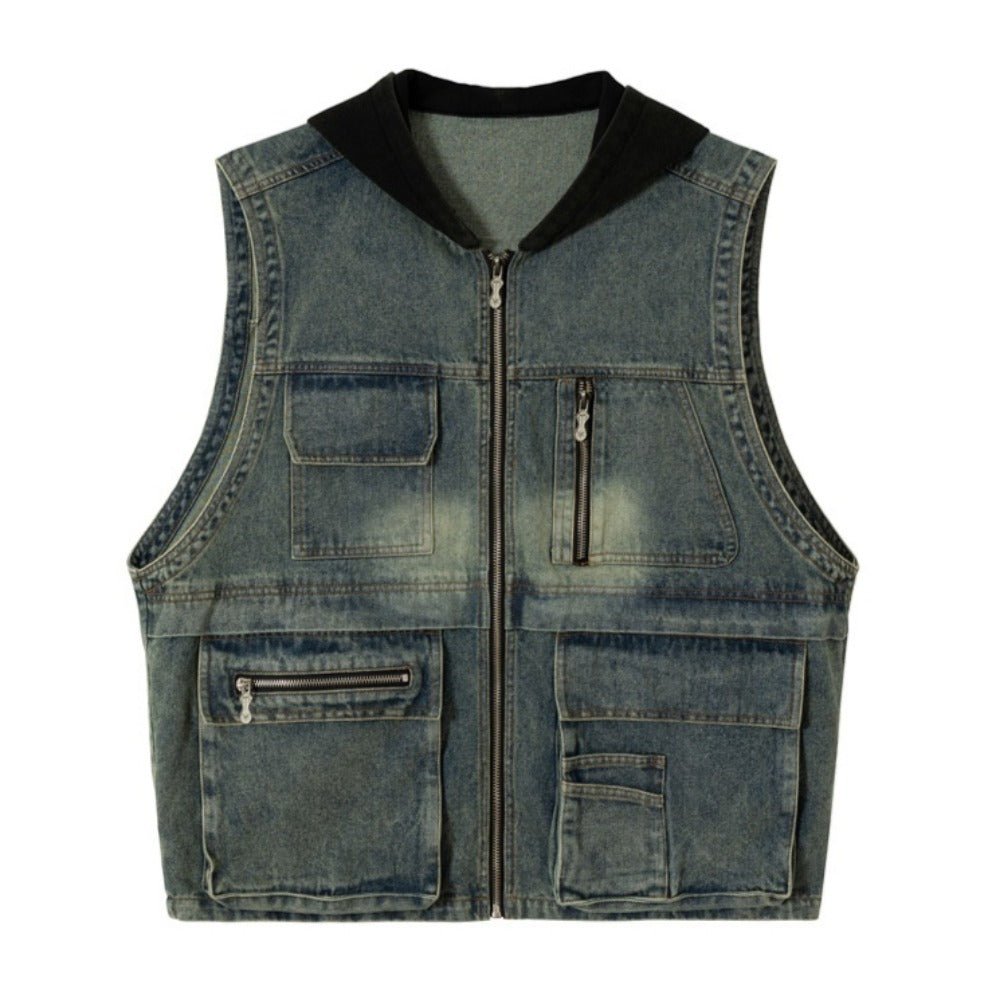 Multi - Pocket Denim Hooded Vest - Thrashink