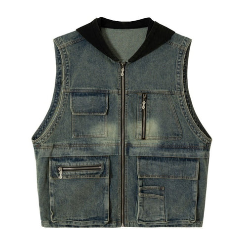 Multi - Pocket Denim Hooded Vest - Thrashink