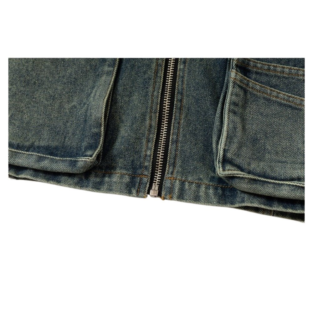 Multi - Pocket Denim Hooded Vest - Thrashink