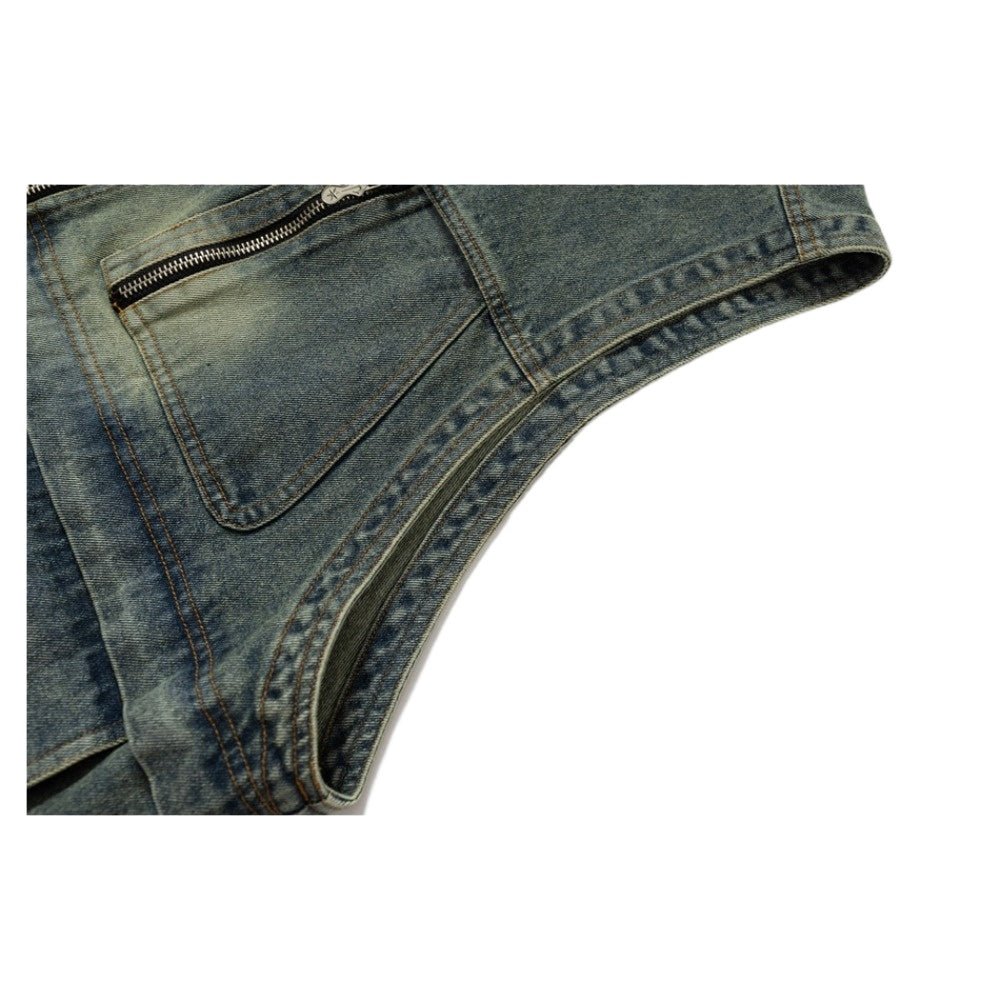 Multi - Pocket Denim Hooded Vest - Thrashink