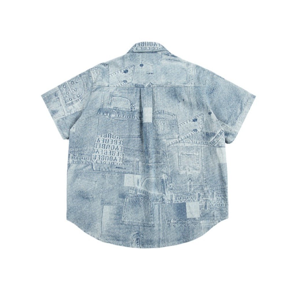 Patchwork Denim Short Sleeve Shirt - Thrashink
