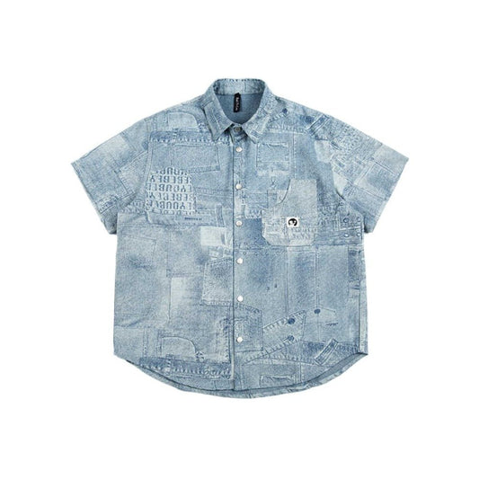 Patchwork Denim Short Sleeve Shirt - Thrashink