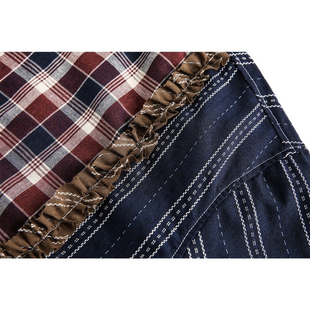Patchwork Plaid Ruffle - Trimmed Shirt - Thrashink