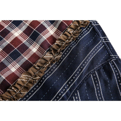 Patchwork Plaid Ruffle - Trimmed Shirt - Thrashink