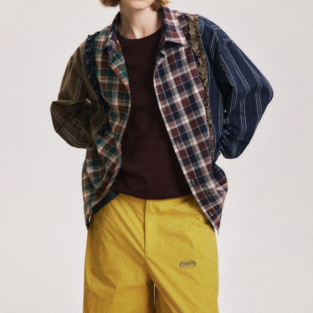 Patchwork Plaid Ruffle - Trimmed Shirt - Thrashink