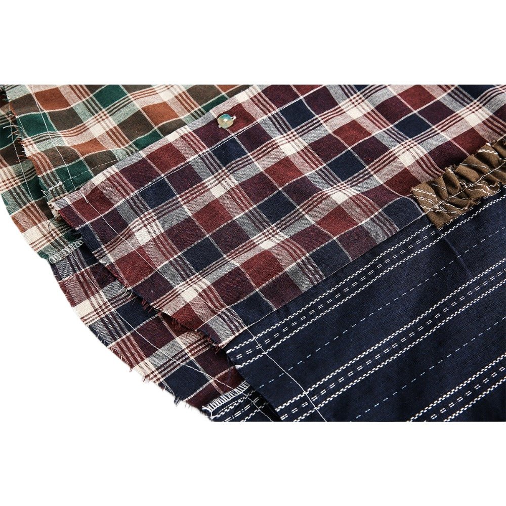 Patchwork Plaid Ruffle - Trimmed Shirt - Thrashink