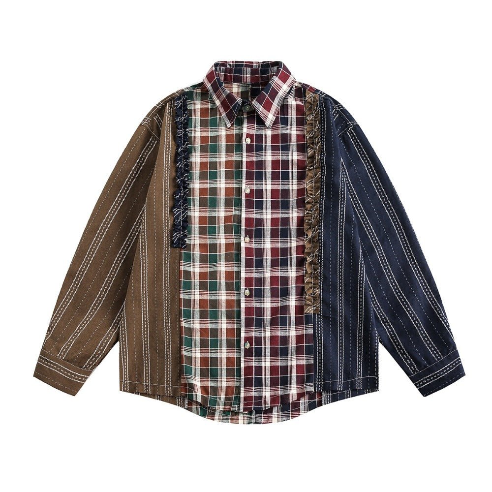 Patchwork Plaid Ruffle - Trimmed Shirt - Thrashink