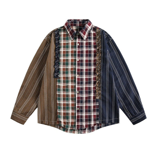 Patchwork Plaid Ruffle - Trimmed Shirt - Thrashink