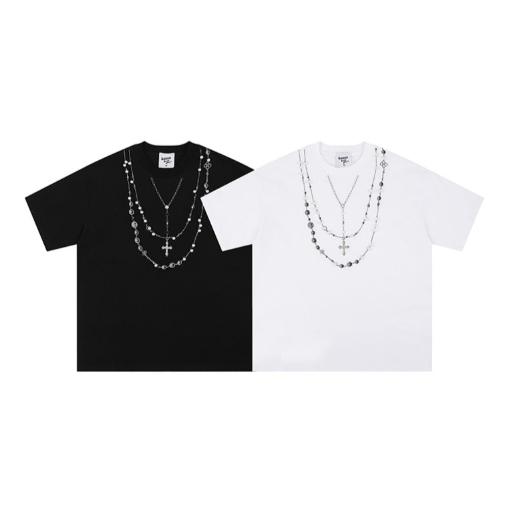 Pearl Cross Necklace Embroidery T-Shirt - Thrashink