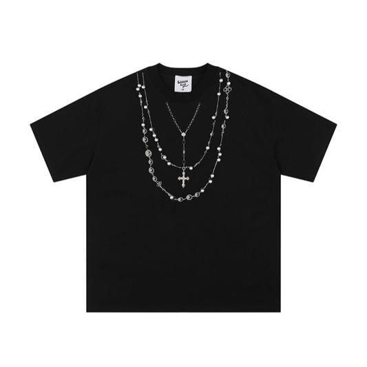 Pearl Cross Necklace Embroidery T-Shirt - Thrashink