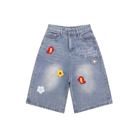Petal Embroidered Denim Shorts - Thrashink