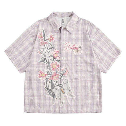 Pinkish Purple Floral Graffiti Check Shirt - Thrashink
