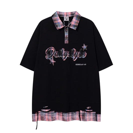Plaid Lapel Star Fake Two Piece T-Shirt - Thrashink