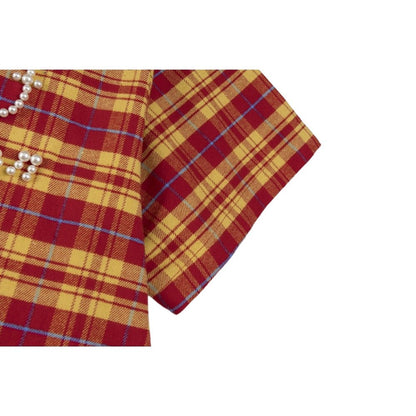 Plaid Pearl Embellished Shirt - Thrashink