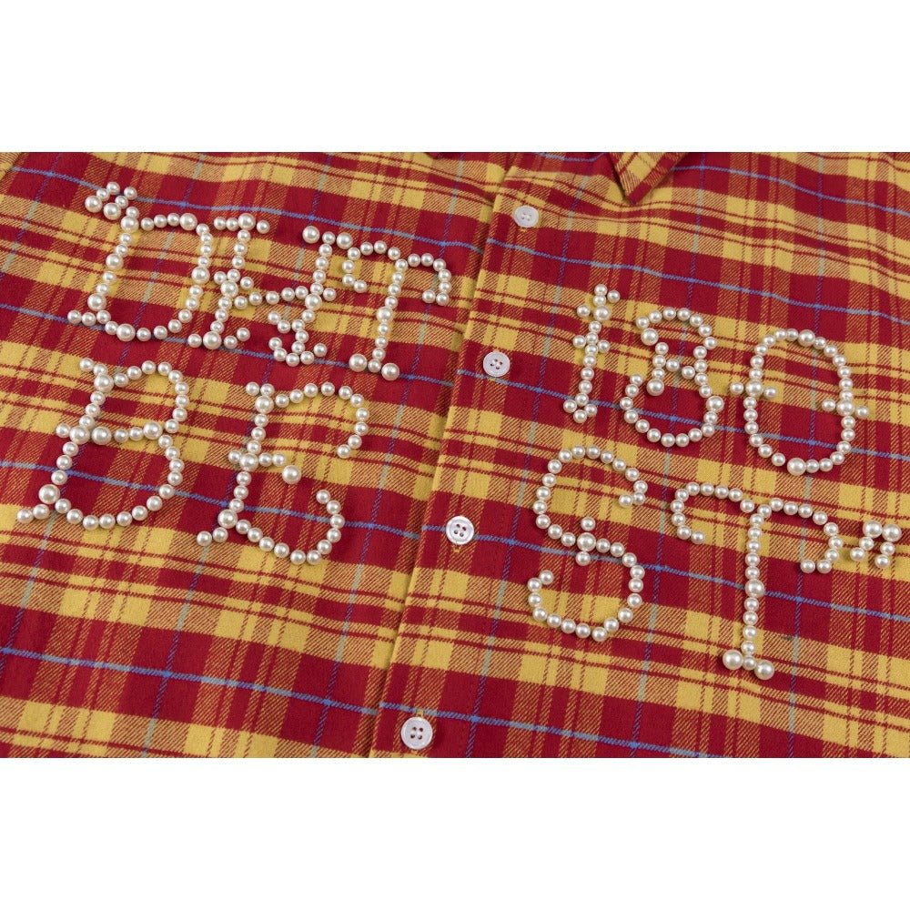 Plaid Pearl Embellished Shirt - Thrashink