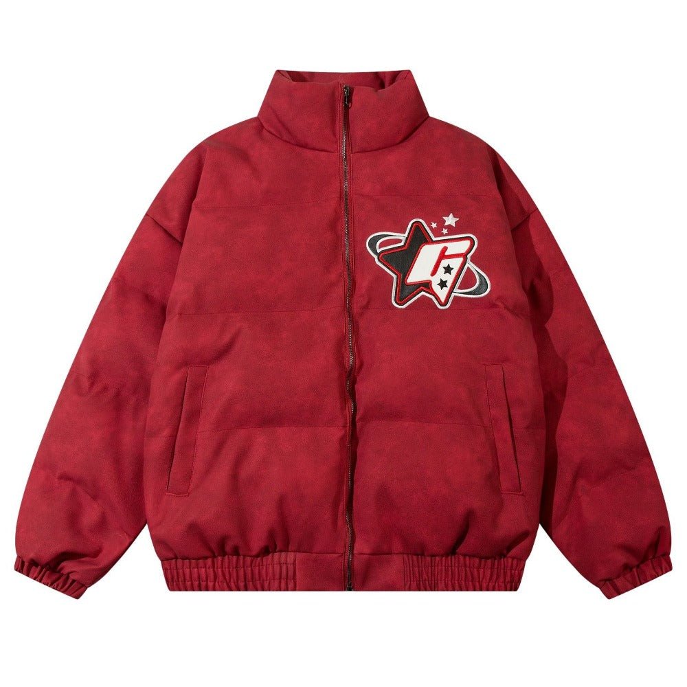 PU Leather Embroidered Letter Collar Padded Jacket - Thrashink