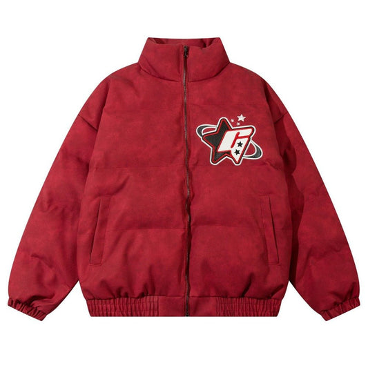 PU Leather Embroidered Letter Collar Padded Jacket - Thrashink