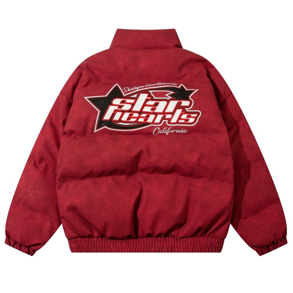 PU Leather Embroidered Letter Collar Padded Jacket - Thrashink