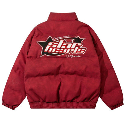 PU Leather Embroidered Letter Collar Padded Jacket - Thrashink