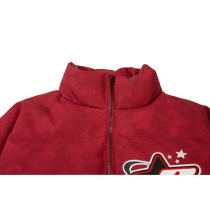 PU Leather Embroidered Letter Collar Padded Jacket - Thrashink