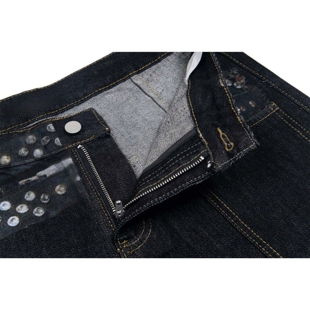 Punk Rivet Belt Badge Print Jeans - Thrashink