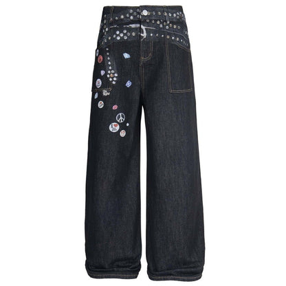 Punk Rivet Belt Badge Print Jeans - Thrashink