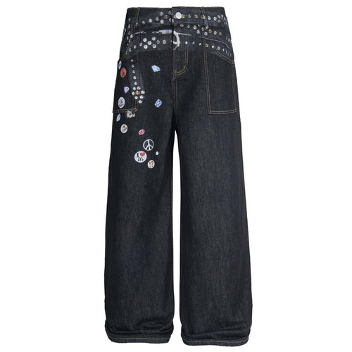 Punk Rivet Belt Badge Print Jeans - Thrashink