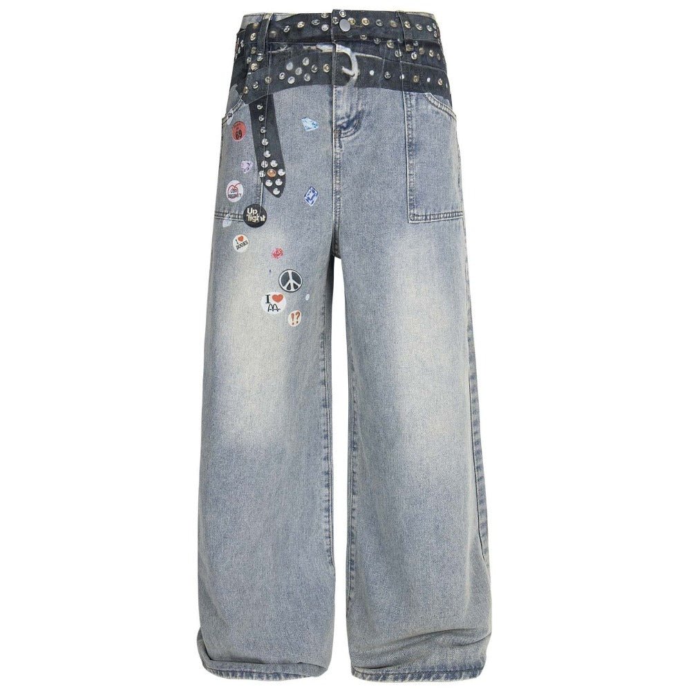 Punk Rivet Belt Badge Print Jeans - Thrashink