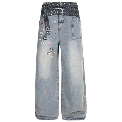 Punk Rivet Belt Badge Print Jeans - Thrashink