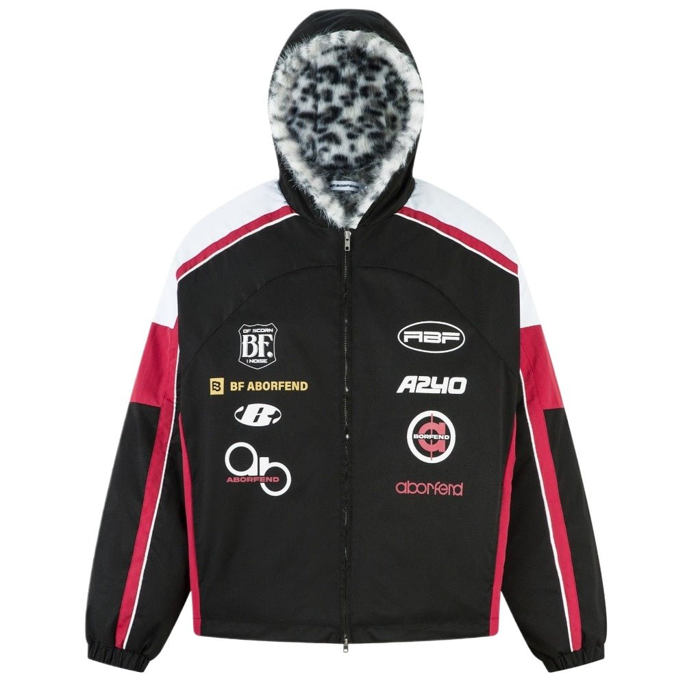 Racing Style Leopard Faux Fur Lined Hooded Jacket - Thrashink