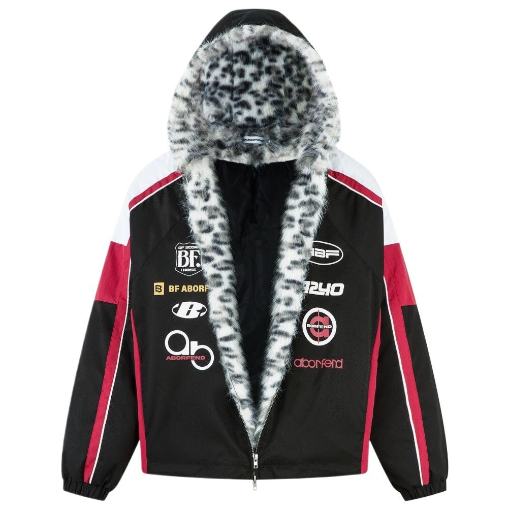 Racing Style Leopard Faux Fur Lined Hooded Jacket - Thrashink