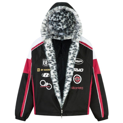 Racing Style Leopard Faux Fur Lined Hooded Jacket - Thrashink