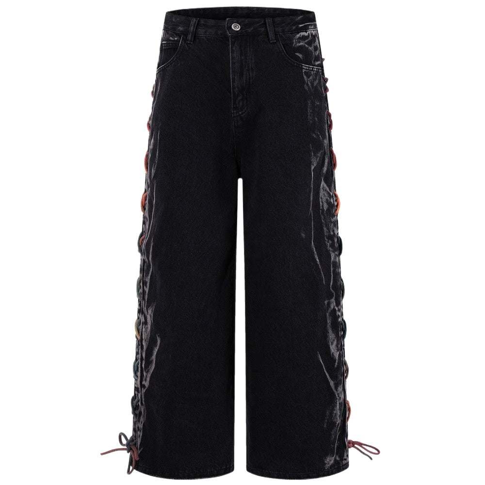 Rainbow Lace - Up Wide - Leg Black Jeans - Thrashink