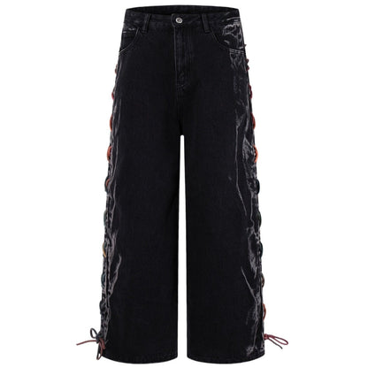 Rainbow Lace - Up Wide - Leg Black Jeans - Thrashink