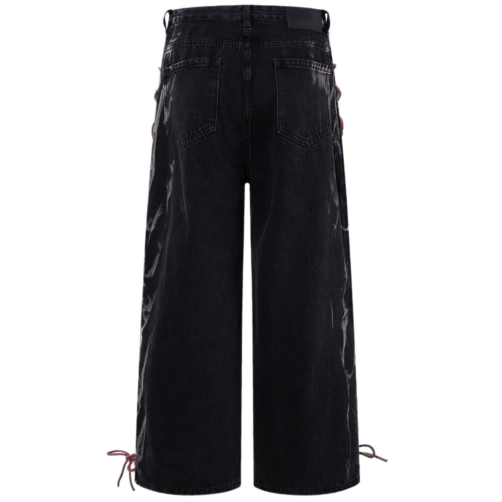 Rainbow Lace - Up Wide - Leg Black Jeans - Thrashink