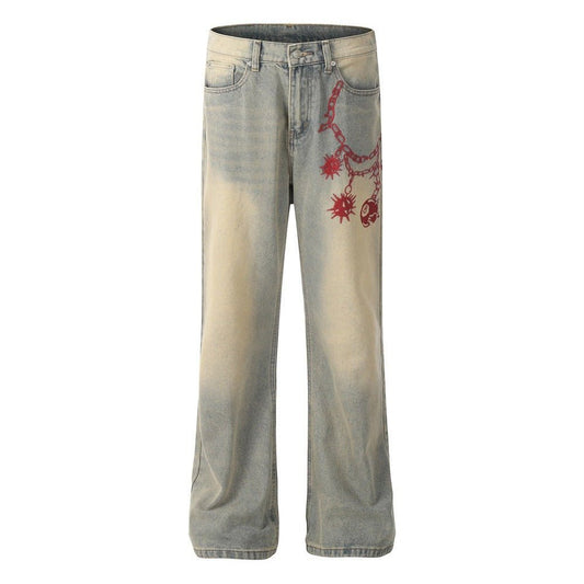 Red Chain - Spike Embroidered Jeans - Thrashink