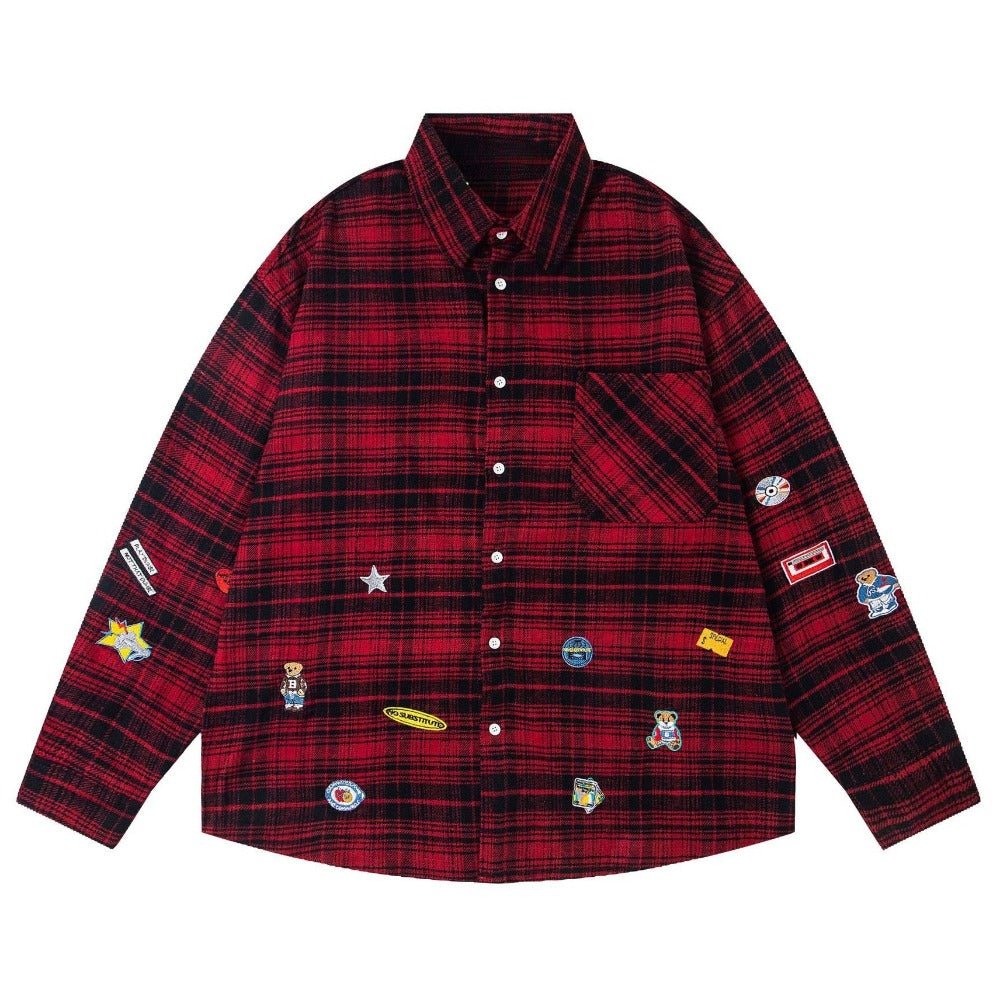 Red Plaid Fun Patches Shirt - Thrashink