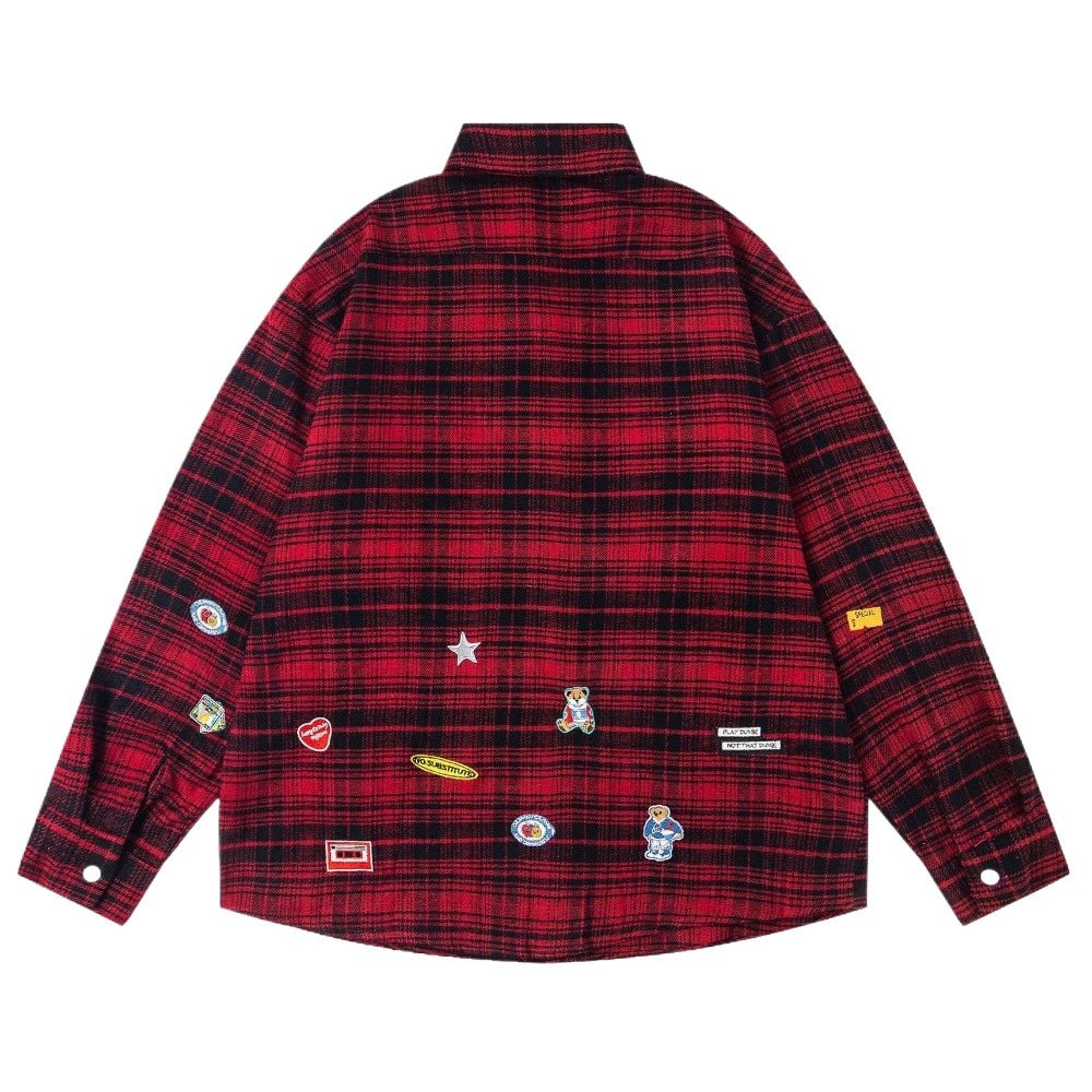 Red Plaid Fun Patches Shirt - Thrashink