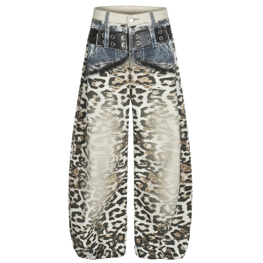 Retro 3D Printed Belt Leopard Print Jeans - Thrashink