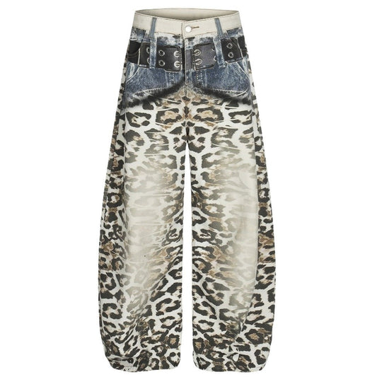Retro 3D Printed Belt Leopard Print Jeans - Thrashink