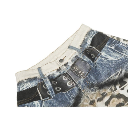 Retro 3D Printed Belt Leopard Print Jeans - Thrashink