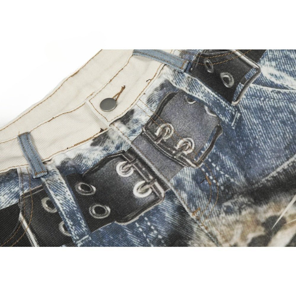 Retro 3D Printed Belt Leopard Print Jeans - Thrashink