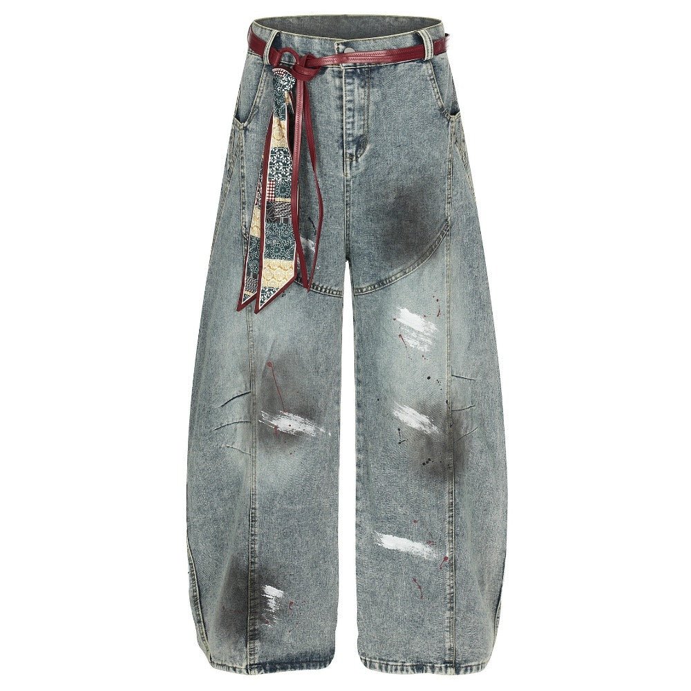 Retro Cat Whiskering Splatter Paint Belt Jeans - Thrashink