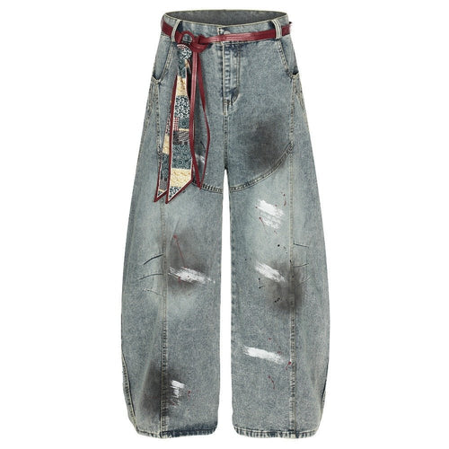 Retro Cat Whiskering Splatter Paint Belt Jeans - Thrashink
